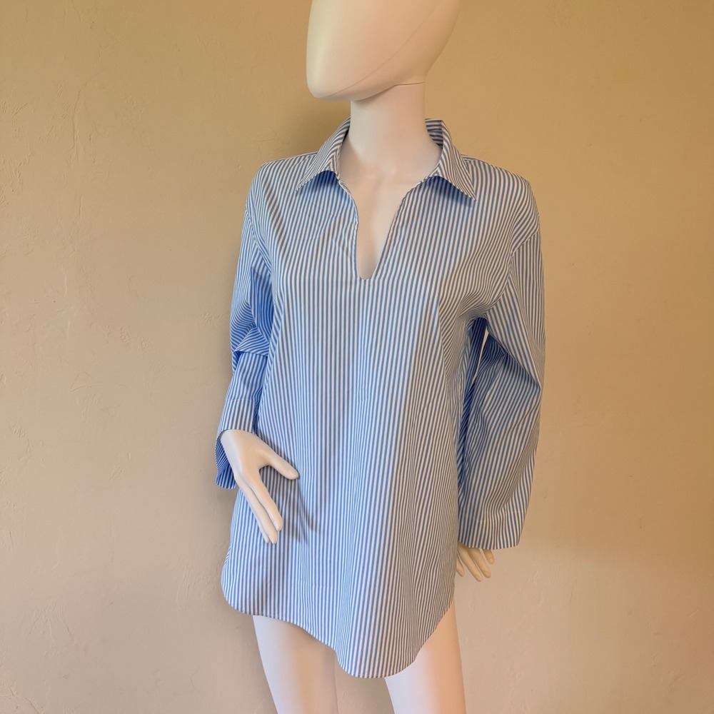 Lafayette 148 New York Womens Blue White Striped V-Neck‎ Tunic Top Blouse Size M